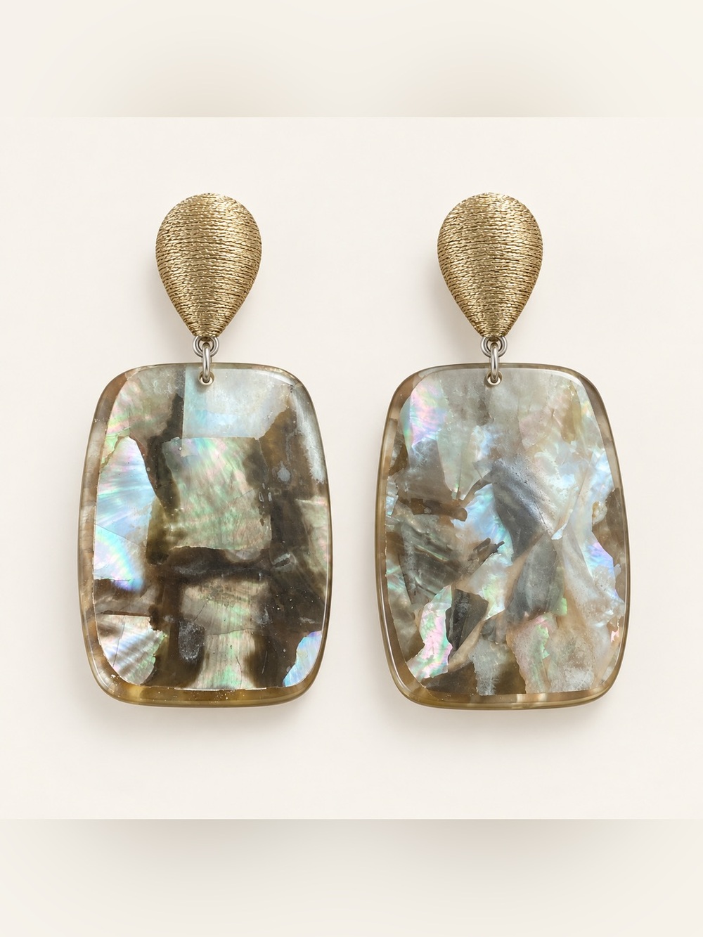 Boutique Iridescent Shell Resin Statement Drop Earrings Gold Tone